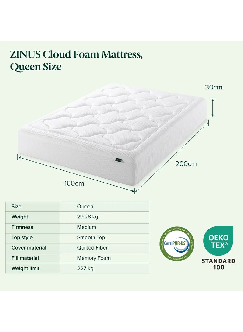 Zinus 30cm Cloud Memory Foam Mattress | Queen Size | Pressure Relieving Comfort | Fiberglass-Free | OEKO-TEX®| CertiPUR-US® Certified | Mattress in a Box | White | 200L × 160W × 30H CM | - Image 3